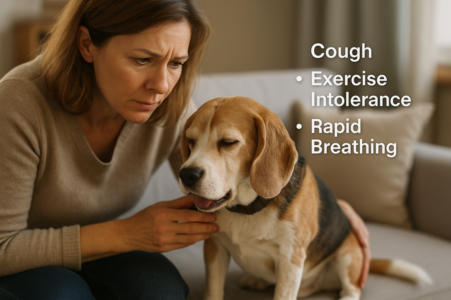 Concerned owner kneeling beside coughing senior Beagle; overlay lists symptoms—cough, exercise intolerance, rapid breathing—warning signs a heart monitor for dogs can track.