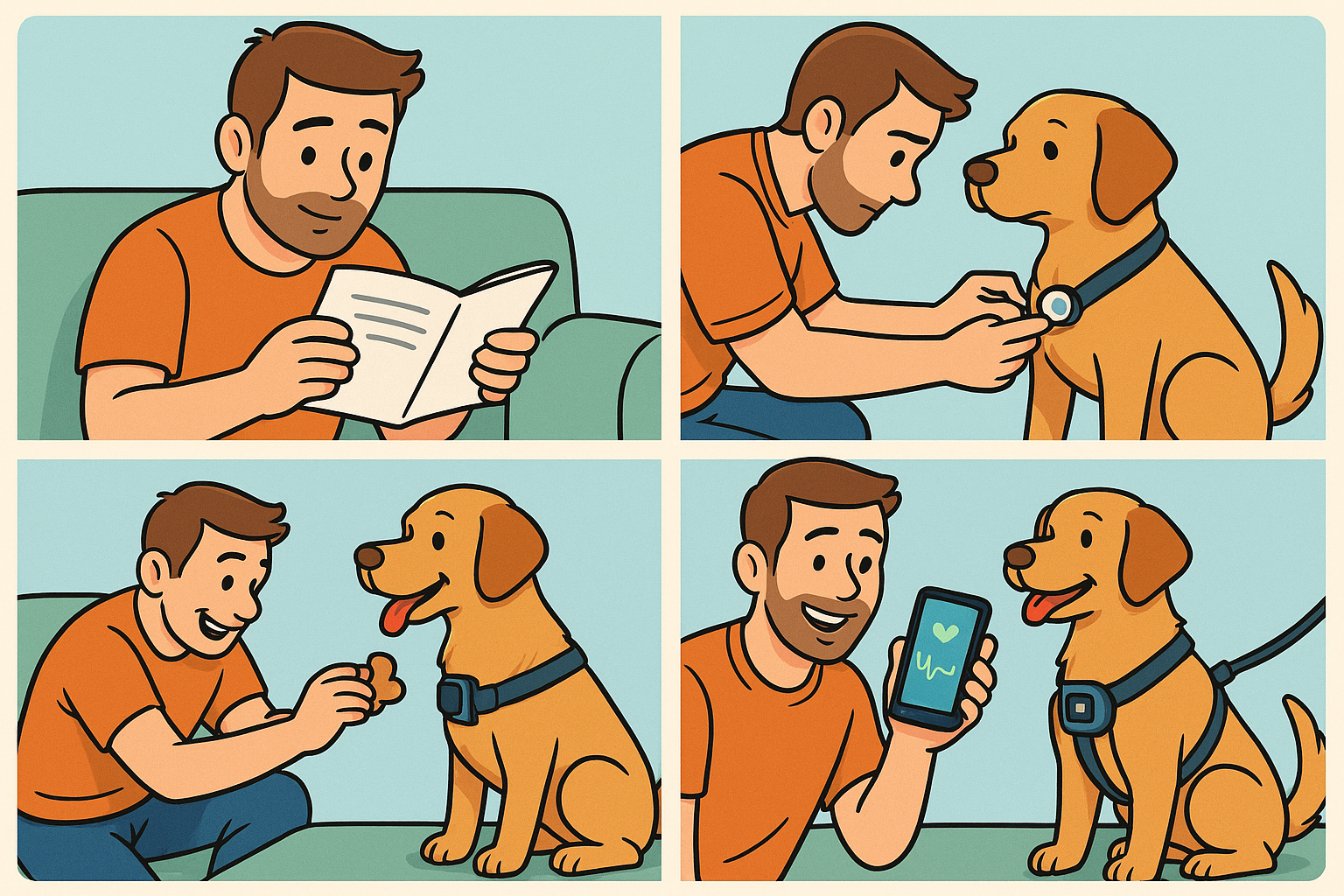 Four-panel cartoon owner reads heart-monitor manual, attaches electrode to dog, rewards with treat while fastening harness, then smiles at healthy ECG on phone—step-by-step use of a heart monitor for dogs.