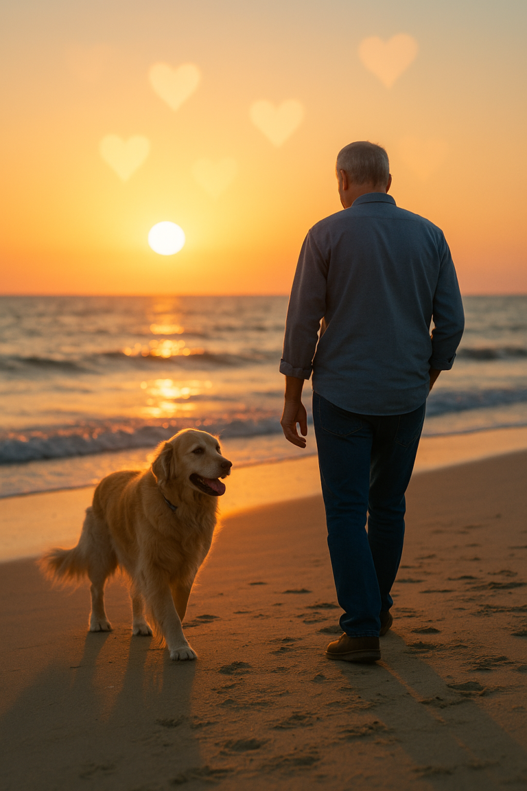 Golden sunset photo of senior Golden Retriever walking beside owner on beach with faint heart-shaped bokeh—symbolizes longevity and the peace gained from monitoring a dog’s heart health.