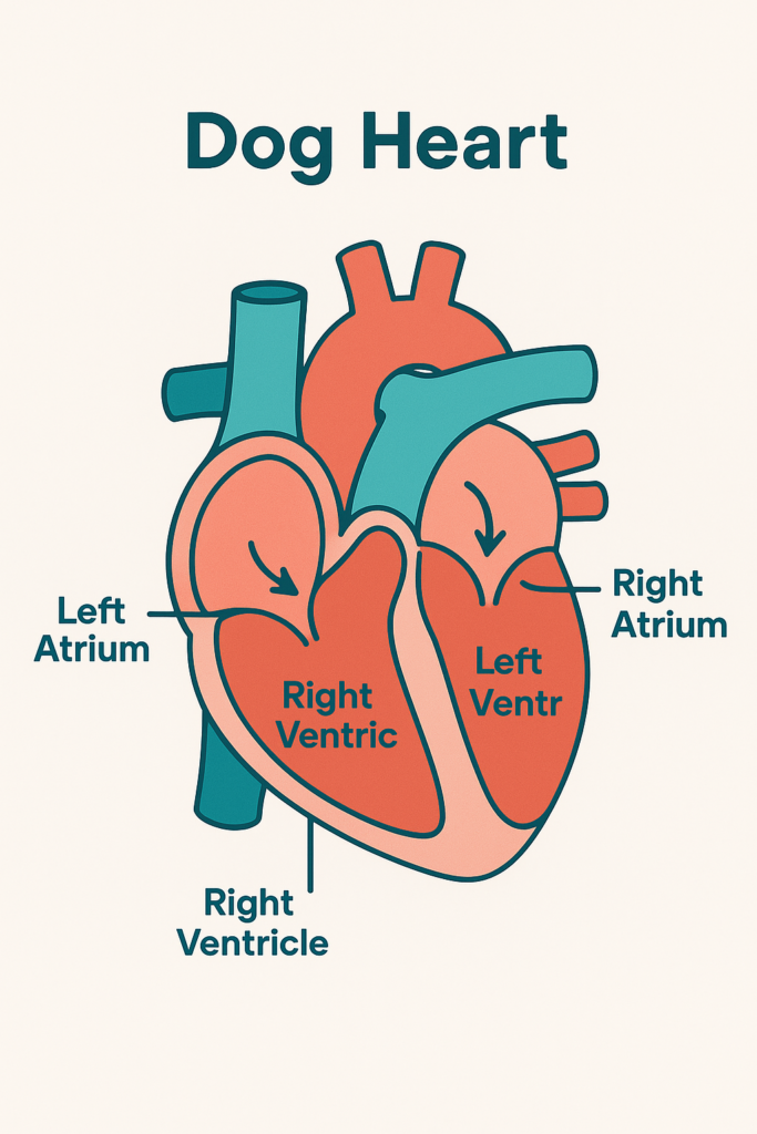 Vector diagram of a dog’s heart—left/right atria and ventricles labeled with arrows showing blood flow; educational heart monitor for dogs graphic.