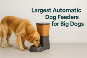 Golden Retriever eating from the largest automatic dog feeder