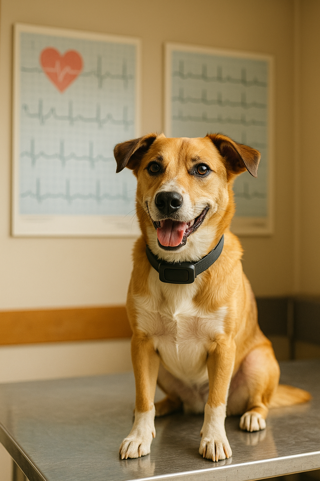 Mixed-breed dog wearing smart heart-rate monitor collar on vet table—clear example of a heart monitor for dogs in use.