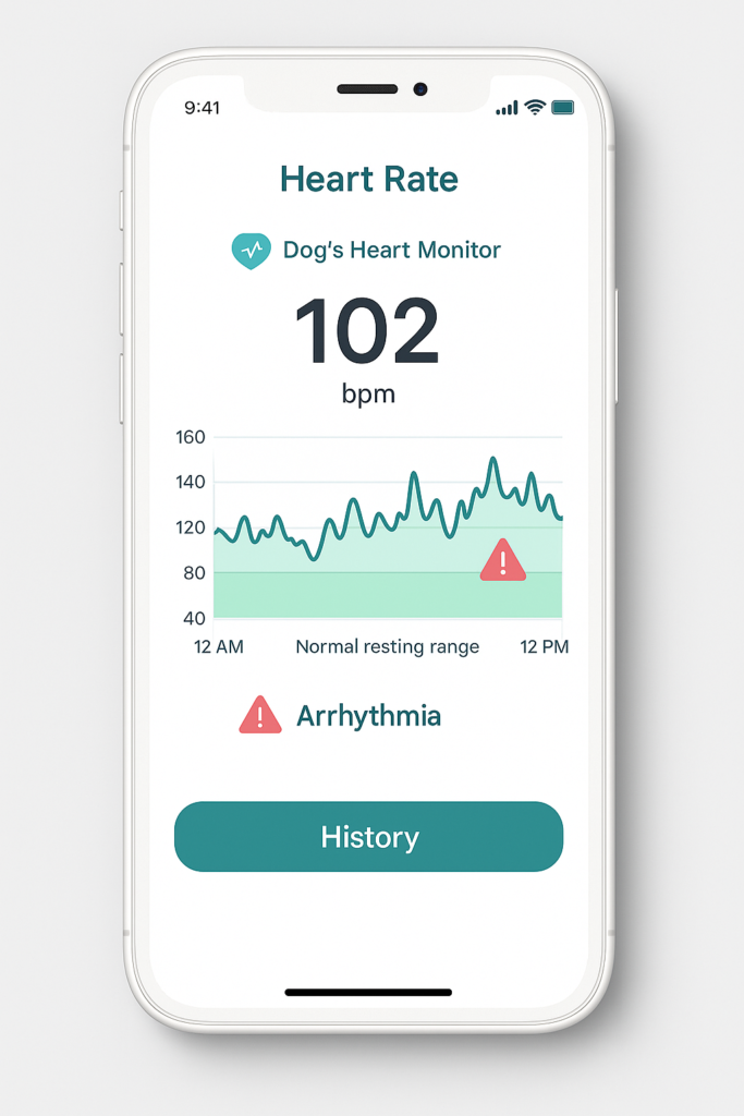 Mock-up of mobile app dashboard for a heart monitor for dogs—line graph with normal resting range shaded green and red arrhythmia alert icon on white smartphone screen.