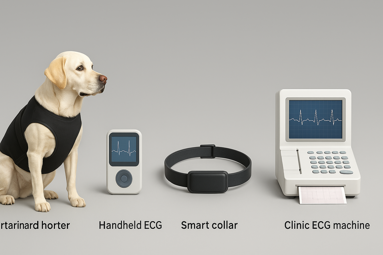 Side-by-side mock-up of four canine heart monitor options—Holter vest on Labrador, handheld ECG device, smart collar tracker, and clinic ECG machine—helping owners choose the right heart monitor for dogs.