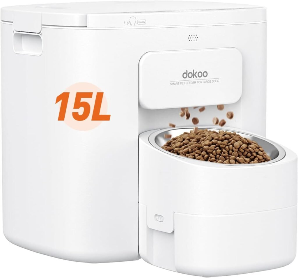 Automatic Dog Feeder for Large Breed, 15L/ 63Cups Vacuum-Sealed Storage Timed Auto Dog Food Dispenser 2in1, Airtight 100% Freshness, Anti-Blockage, Support up to 22mm Pet Food, Stainless Steel Bowl