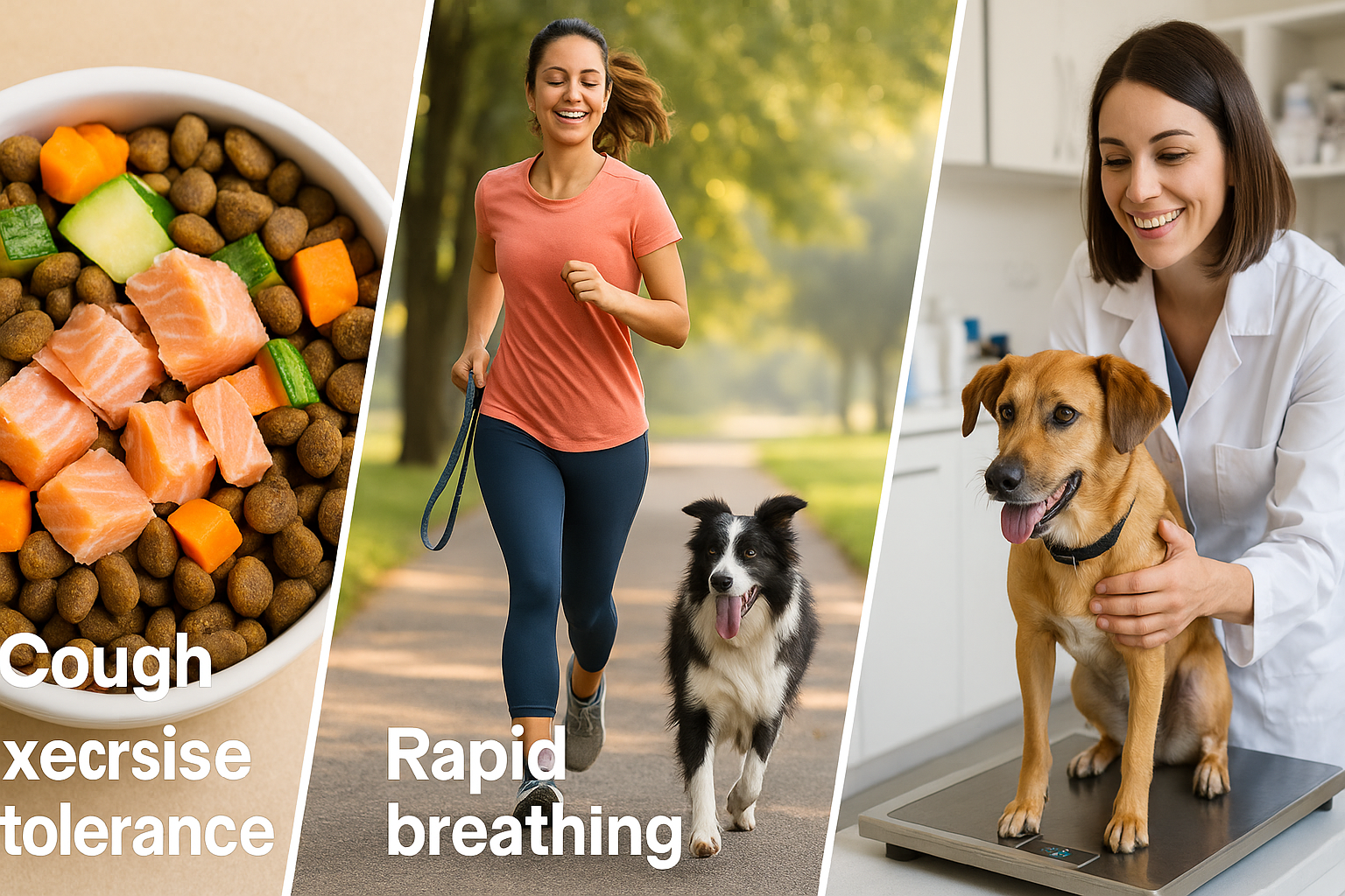 Three-photo collage—healthy salmon-topped kibble, owner jogging with Border Collie, vet weighing dog—lifestyle habits that boost results from a heart monitor for dogs.