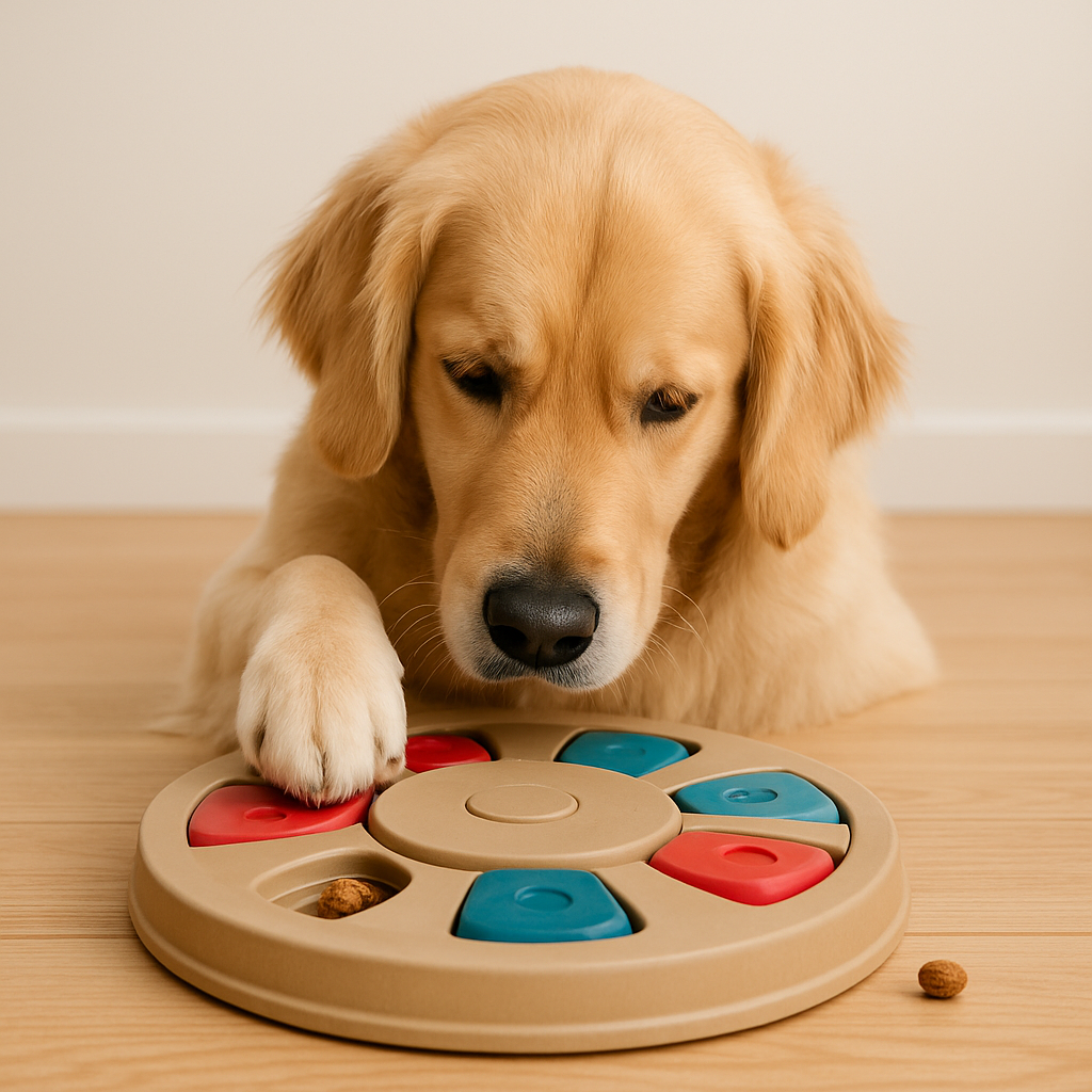 Golden Retriever concentrating on a treat puzzle toy shaped like a spinning disc.