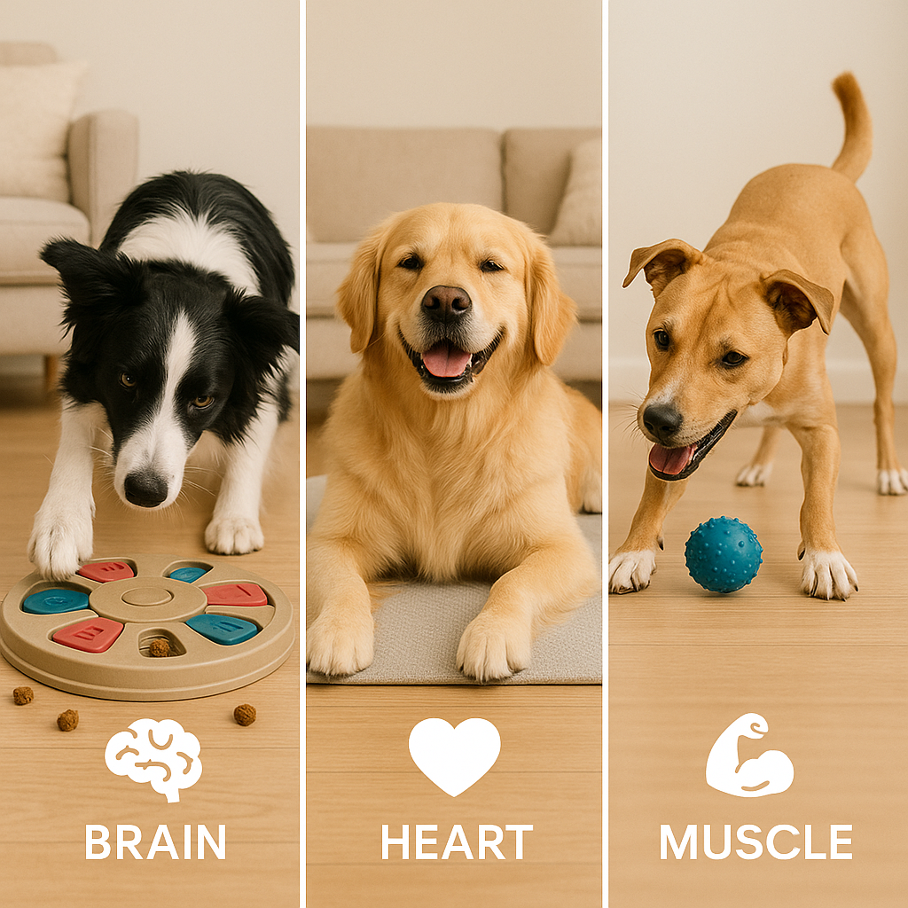 Split scene showing three dogs one solving a treat puzzle, one relaxing on a mat looking satisfied, and one doing light exercise while playing. Bright and cheerful tone, captioned with icons for brain, heart, and muscle.