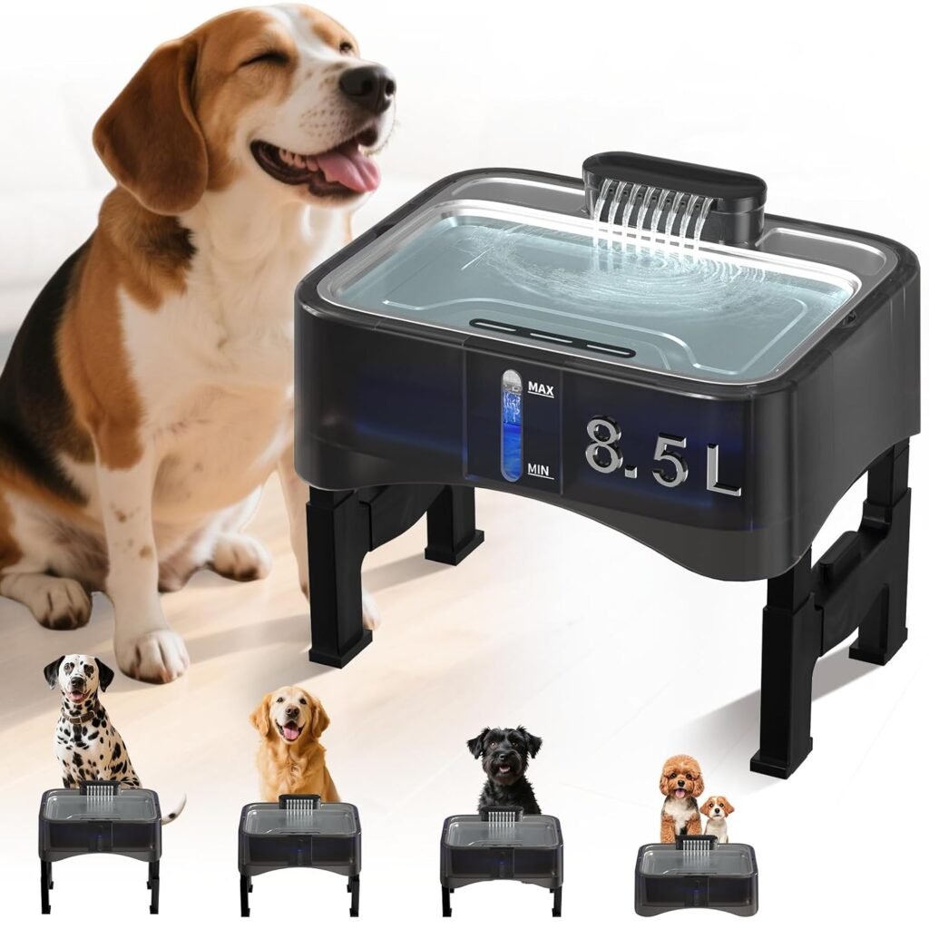 8.5L/2.25Gal Elevated Dog Water Fountain, Xetino 4 Height Adjustable Raised Dog Water Bowl Dispenser for Large Dogs with Stainless Steel Tray, Pet Water Fountain with Ultra Quiet Pump and Filter