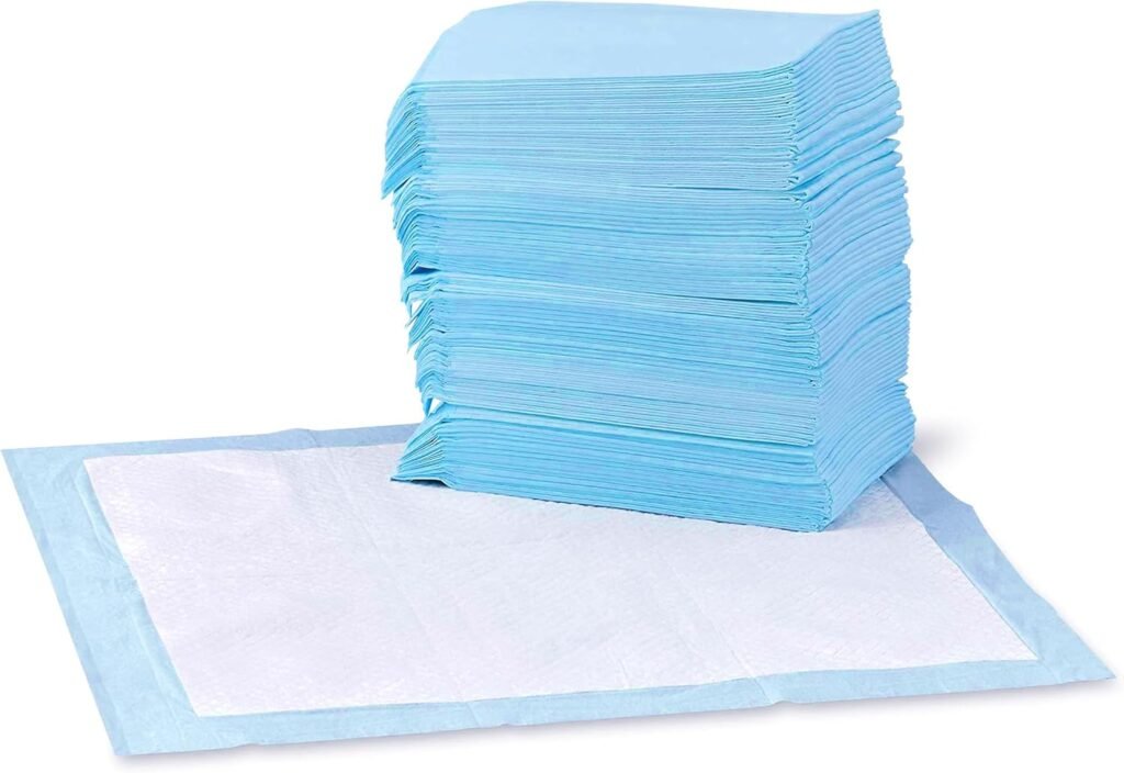 Amazon Basics Dog and Puppy Pee Pads, 5-Layer Leak-Proof Super Absorbent, Quick-Dry Surface, Potty Training, Regular (22x22), 100 Count, Blue  White