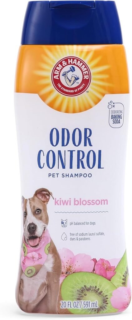 Arm  Hammer Deodorizing Dog Shampoo for Smelly Dogs  Puppies with Baking Soda, Moisturizing Dog Shampoo for Sensitive Skin - Dog Odor Shampoo - Kiwi Blossom Scent, 20 Fl Oz