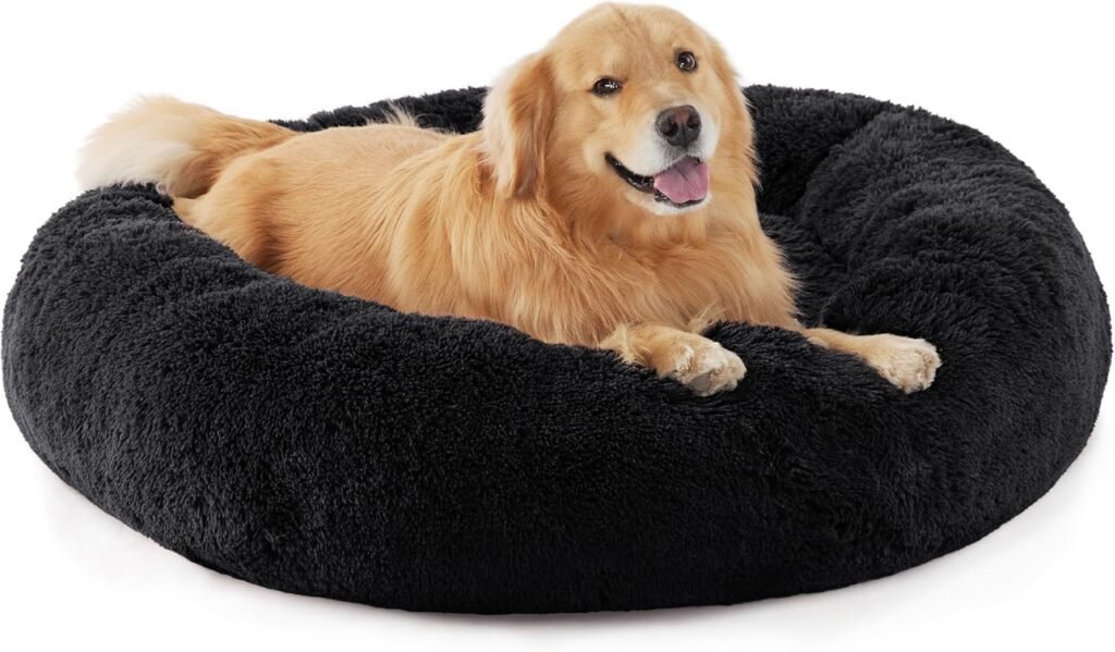 Bedsure Calming Dog Bed Medium Size Dog - Donut Washable Medium Pet Bed, 30 inches Anti-Slip Round Fluffy Plush Faux Fur Cat Bed, Fits up to 45 lbs Pets, Camel