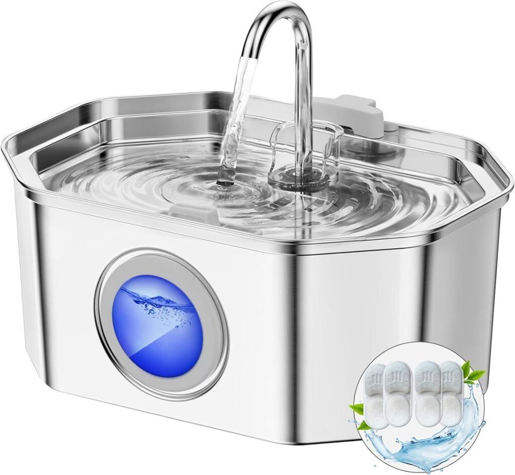 Cat Water Fountain Stainless Steel 108oz/3.2L, APAUK Automatic Pet Fountain Dog Water Dispenser with Water Level Window, Quiet Cat Fountain for Drinking, Inside with Replacement(1 Filter1 Sponge)