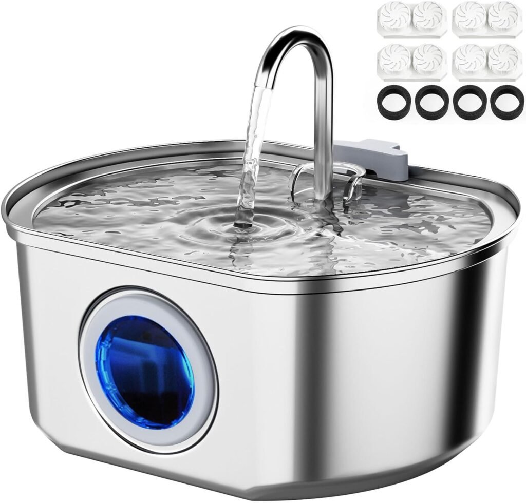 Cat Water Fountain Stainless Steel: 108oz/3.2L Cat Fountain for Drinking- Pet Water Fountain Inside - Automatic Dog Watering Dispenser Bowl - Pet Feeding  Watering Supplies - Water Level Window