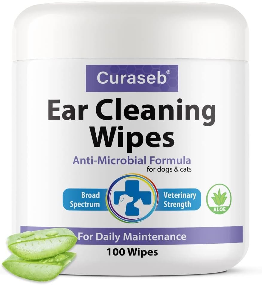 Curaseb Cat and Dog Ear Wipes – Cleans, Deodorizes and Soothes Ear Issues with Soothing Aloe Vera – Vet Strength – 100 Wipes