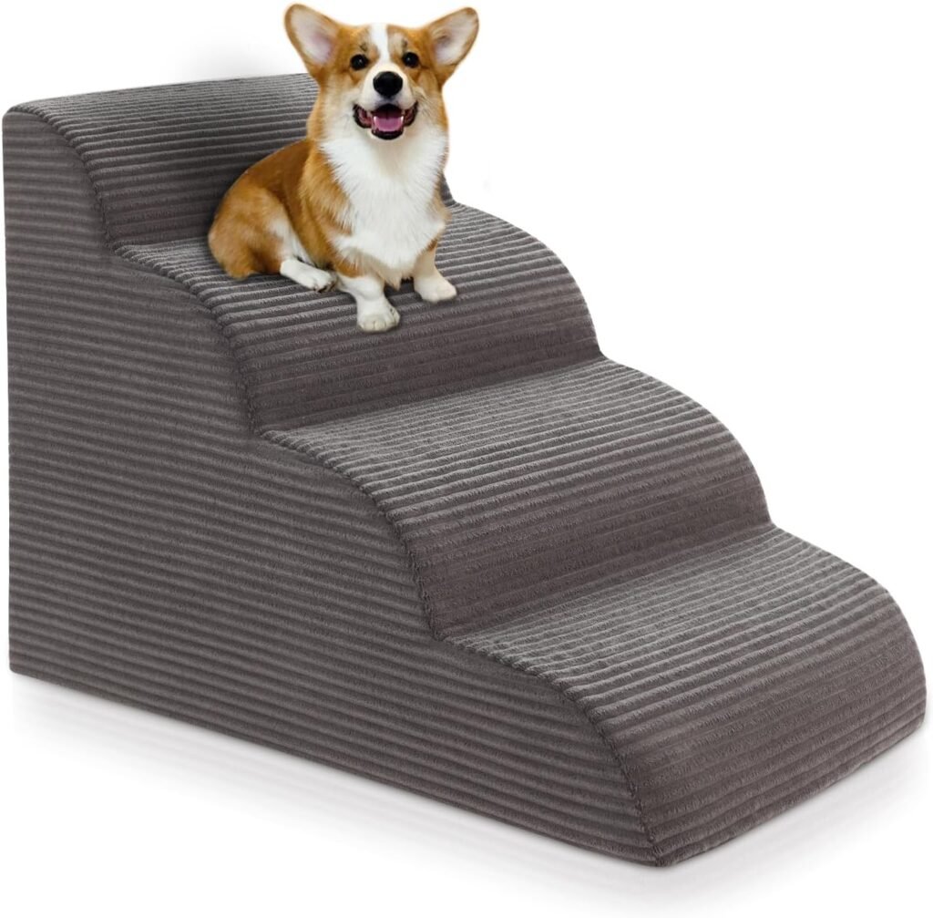 Curved Dog Stairs Ramp for High Beds 19.7 H, 4-Step Dog Steps for Small Dogs and Cats, Removable and Washable Pet Stairs for High Bed Climbing, Non-Slip Balanced Pet Step Indoor, Deep Grey