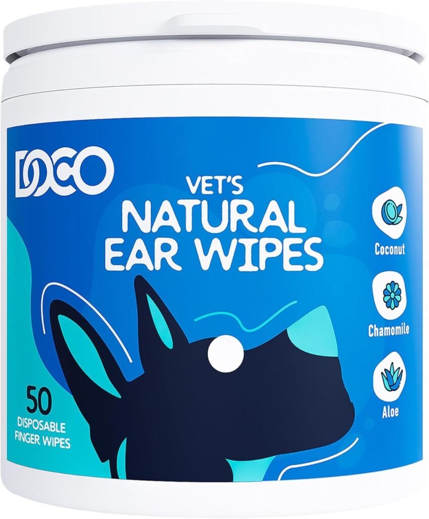 DOCO Dog Ear Cleaner Wipes Finger Cleaning Kit for Dogs  Cats Eucalyptus, Chamomile  Aloe Cat Ear Cleaner Soothes, Deodorizes  Helps Itchy Ears – 50 Count