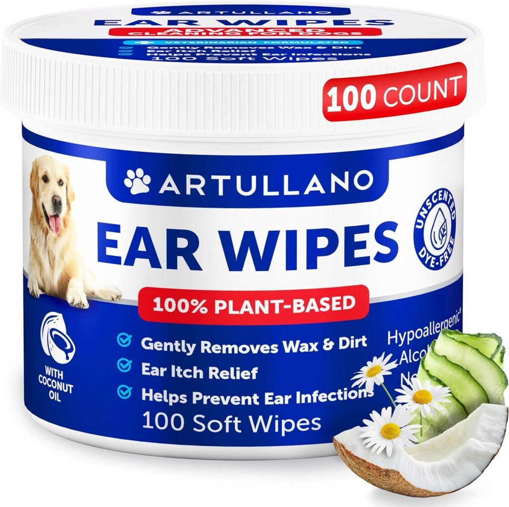 Dog Ear Wipes - 100 ct - Removes Wax and Dirt - Soothing Ear Cleaner Wipes for Dogs, Puppies - 100% Plant Based, Unscented with Coconut Oil - Ear Infection Treatment to Relief Itching  Inflammation
