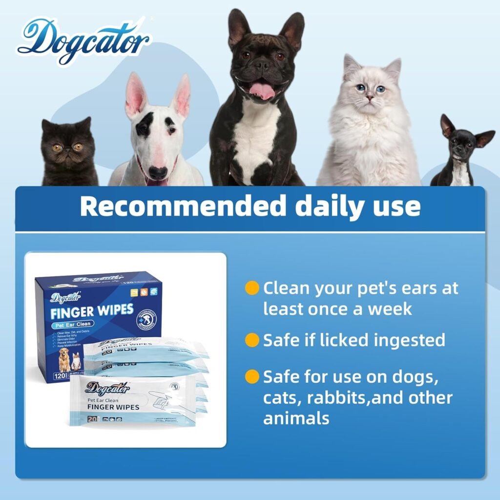 Dog Ear Wipes, Ear Wipes for Dogs Cats, Dog Ear Cleaner Finger Wipes for Ears, Teeth, Eyes, Paws, Fresh Coconut Scent Ear Infection Treatment, 60 Pcs Individual Packaging