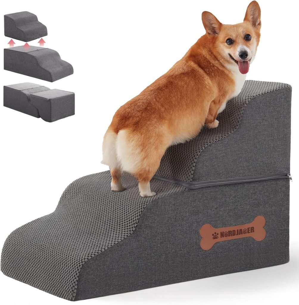 Dog Stairs 4 Steps for Small Dogs and Cats to Get on High Beds, Couch or Car, Pets Can Climb, Sit, Lie Down or Perch to Look Out Windows on The Spliceable Ramp, Provides Support, Grey（19 H）