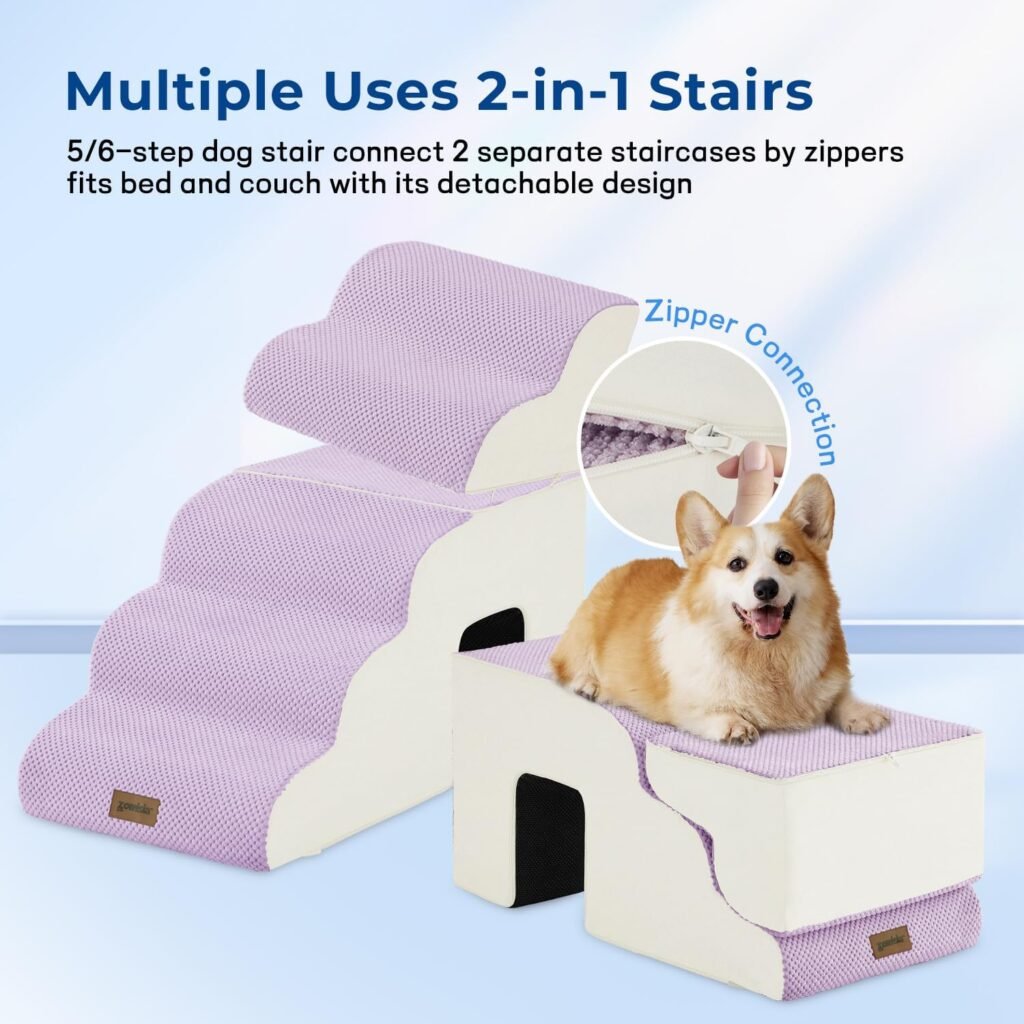Dog Stairs for Large Dogs - 24 H Pet Stairs Ramp for High Bed 2 in 1 with Zippers Suitable for Cats, Indoor Cat Ladders with Non-Slip Bottom, Beige