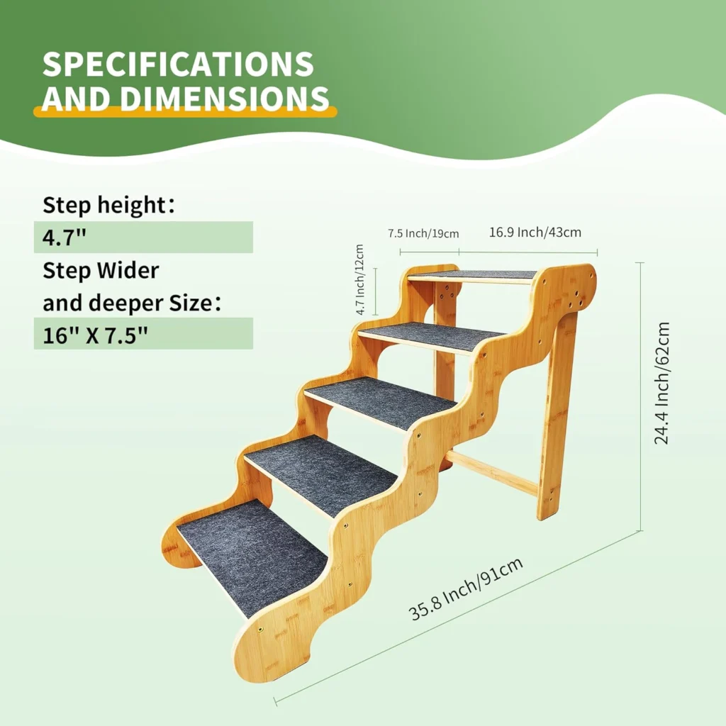 Dog Stairs for Large/Oldder Dogs,4 Steps Bamboo Wooden Pet Ramp for High Beds, Cars  Couch Sofa - Supports Dog Up to 160 LB,20-inches High