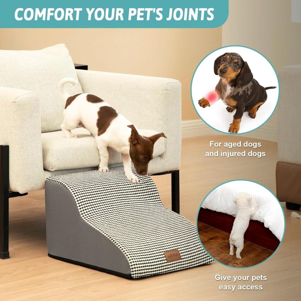 Dog Stairs for Small Dogs 15.7 H, Curved Dog Step for Puppy, Older Cat, Medium Pet Ramp for Sofa, Couch or Chair, Ladder with High Density Foam, 15.7x22.4x15.7 inch, 3 Step, Beige