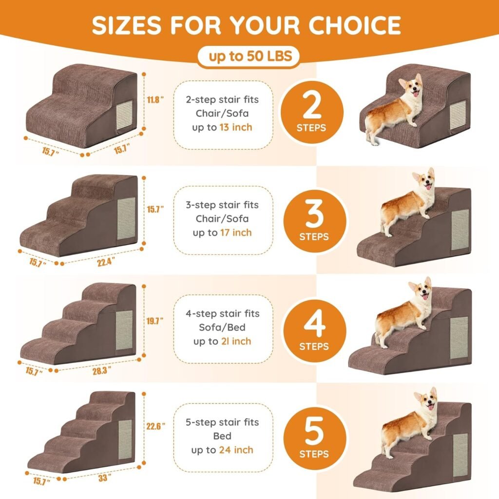 Dog Stairs for Small Dogs, 4-Step Dog Ramp for Bed 19.7 H, Dogs Steps for Bed, Couch, Pet Stairs with Non-Slip Bottom Design, Cat Scratching, High Density Foam Portable Pet Steps, Indoor, Grey