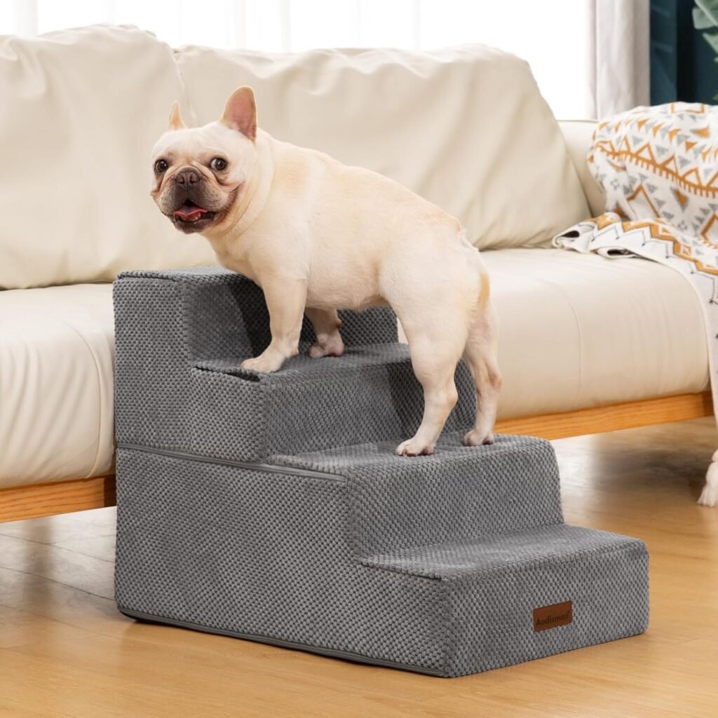 Dog Stairs for Small Dogs  Cats, 3-Step Non-Slip Pet Steps for Couch Sofa and Chair, Grey, 13.6 H