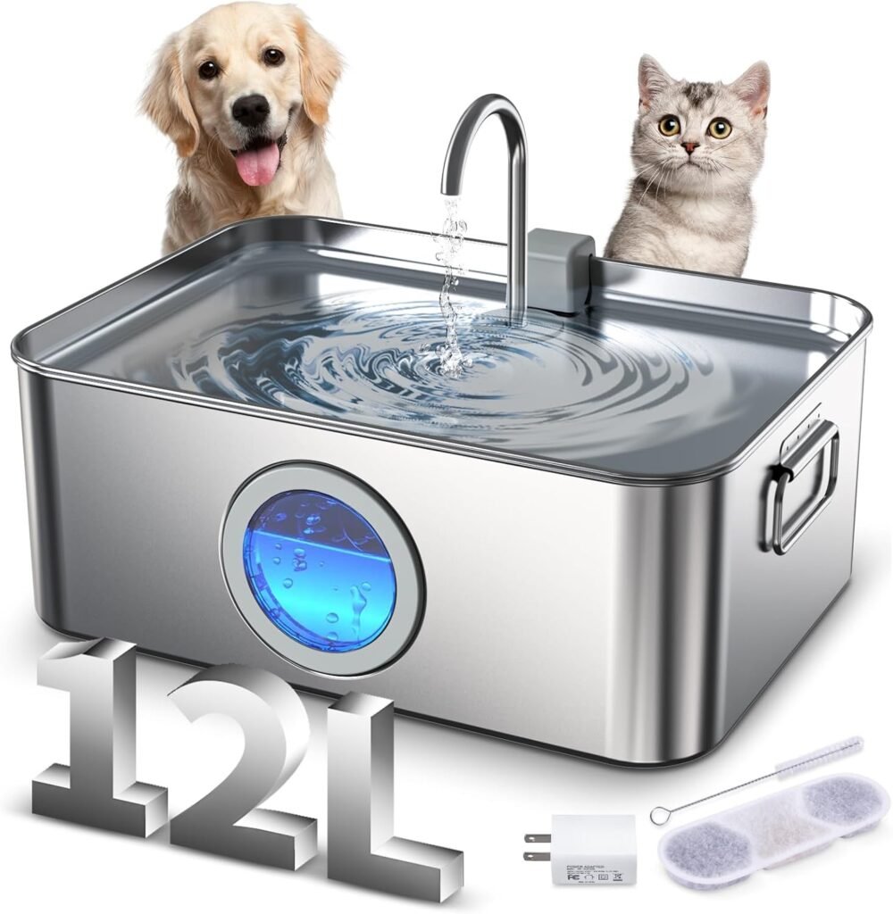 Dog Water Fountain Stainless Steel 12L/410oz/3.2Gal, DYSJ01 Ultra Quiet Pet Water Fountain for Large Dogs Cats  Multi-Pet Home with Water Level Window  LED Indicator