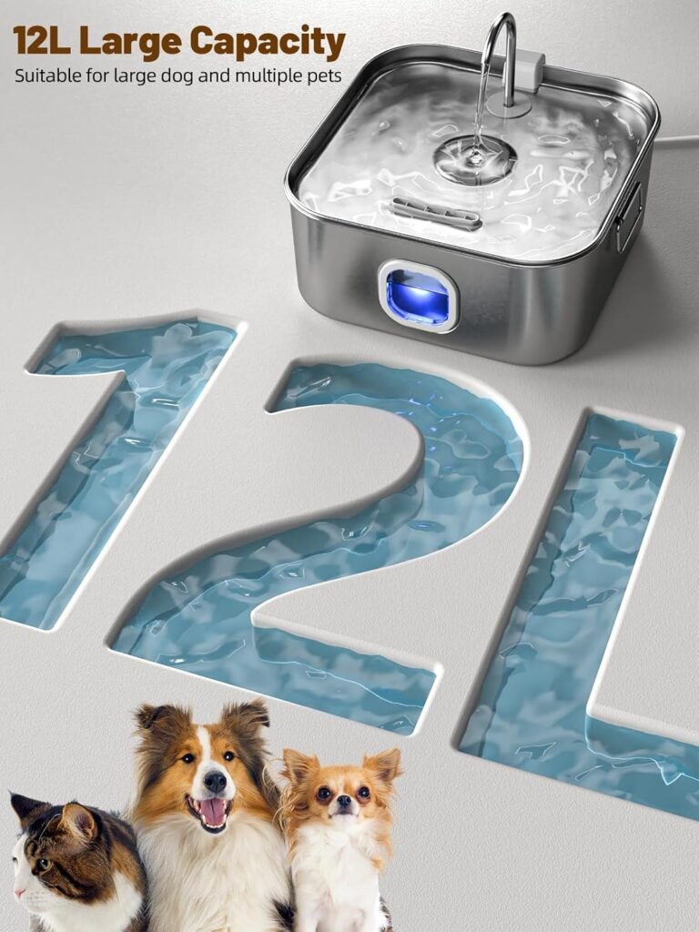 Dog Water Fountain Stainless Steel, 410oz/3.2Gal/12L Large Pet Water Fountain for Large Dog, Dog Water Bowl Dispenser with Water Level Window  LED Indicator, Super Quiet for S-L Dogs and Multi-Pet