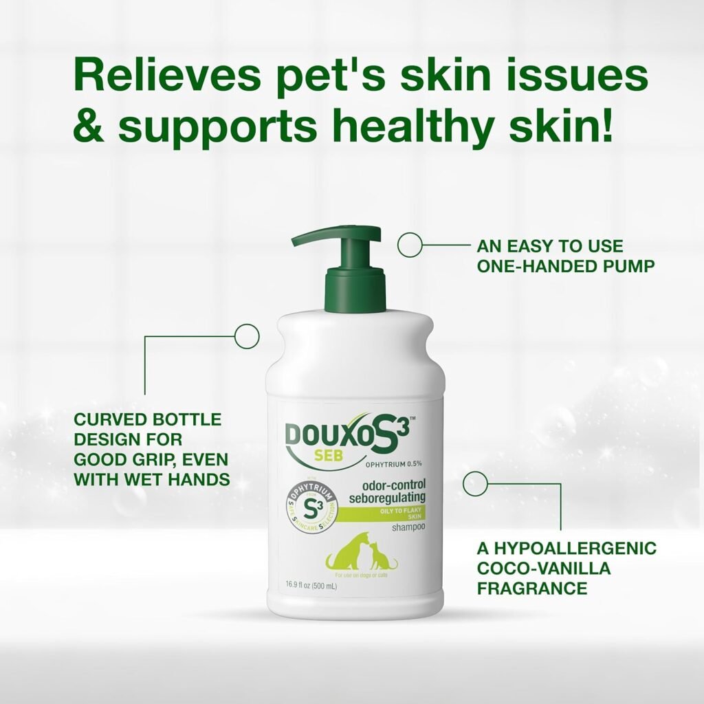 Douxo S3 Seb Shampoo, Contains 0.5% Ophytrium, Odor Control  Seboregulating, For Oily to Flaky Skin, Seborrhea, For Dogs and Cats, 16.9 fl. oz. (500mL)
