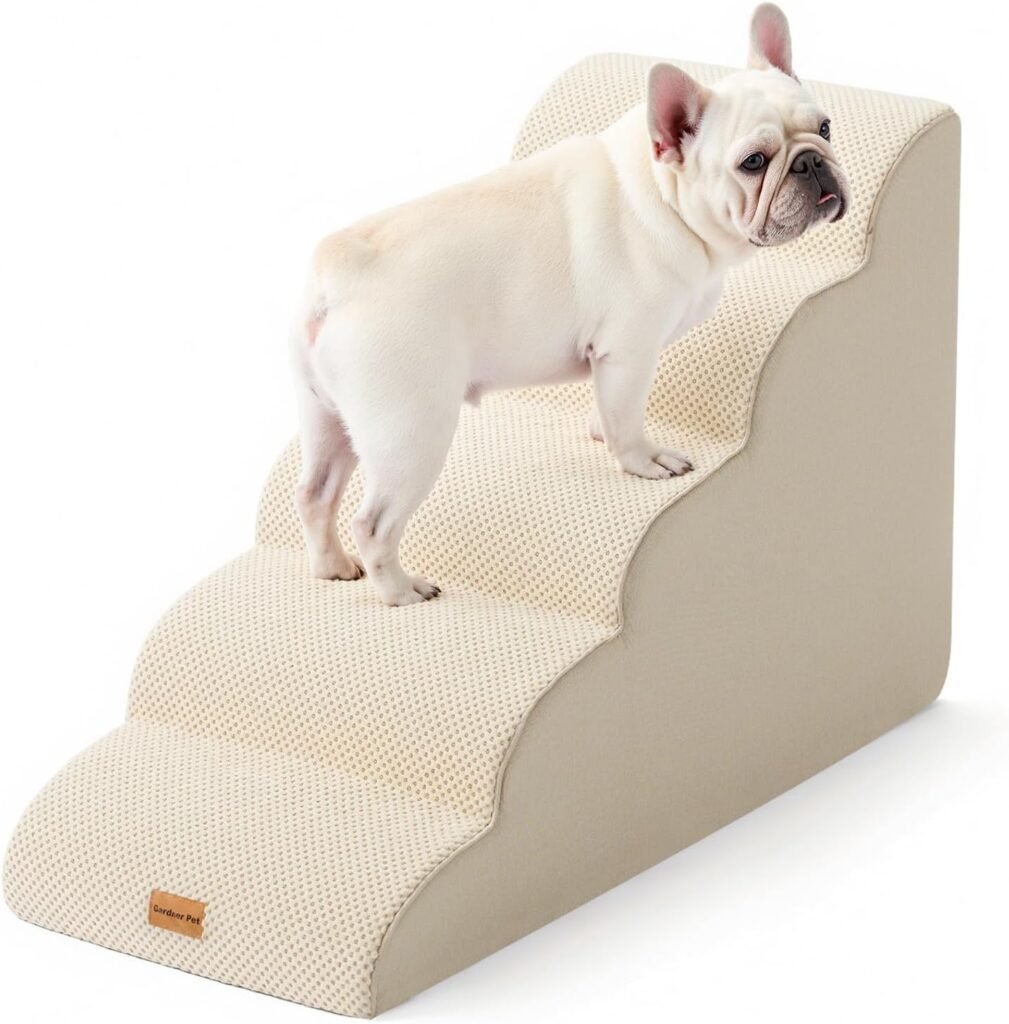 Gardner Pet Dog Stairs for Small Dogs 19.7 H, Curved 4-Step Pet Stairs, Dog Steps for High Bed (18-24 in), Couch with Durable Non-Slip Waterproof Fabric Cover and CertiPUR-US Certified Foam