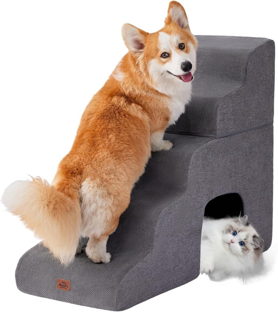 Gray Curved Dog Stairs Ramp for High Beds 28.7 H, 5-Step Dog Steps for Small Dogs and Cats, Pet Stairs for High Bed Climbing, Non-Slip Balanced Pet Step