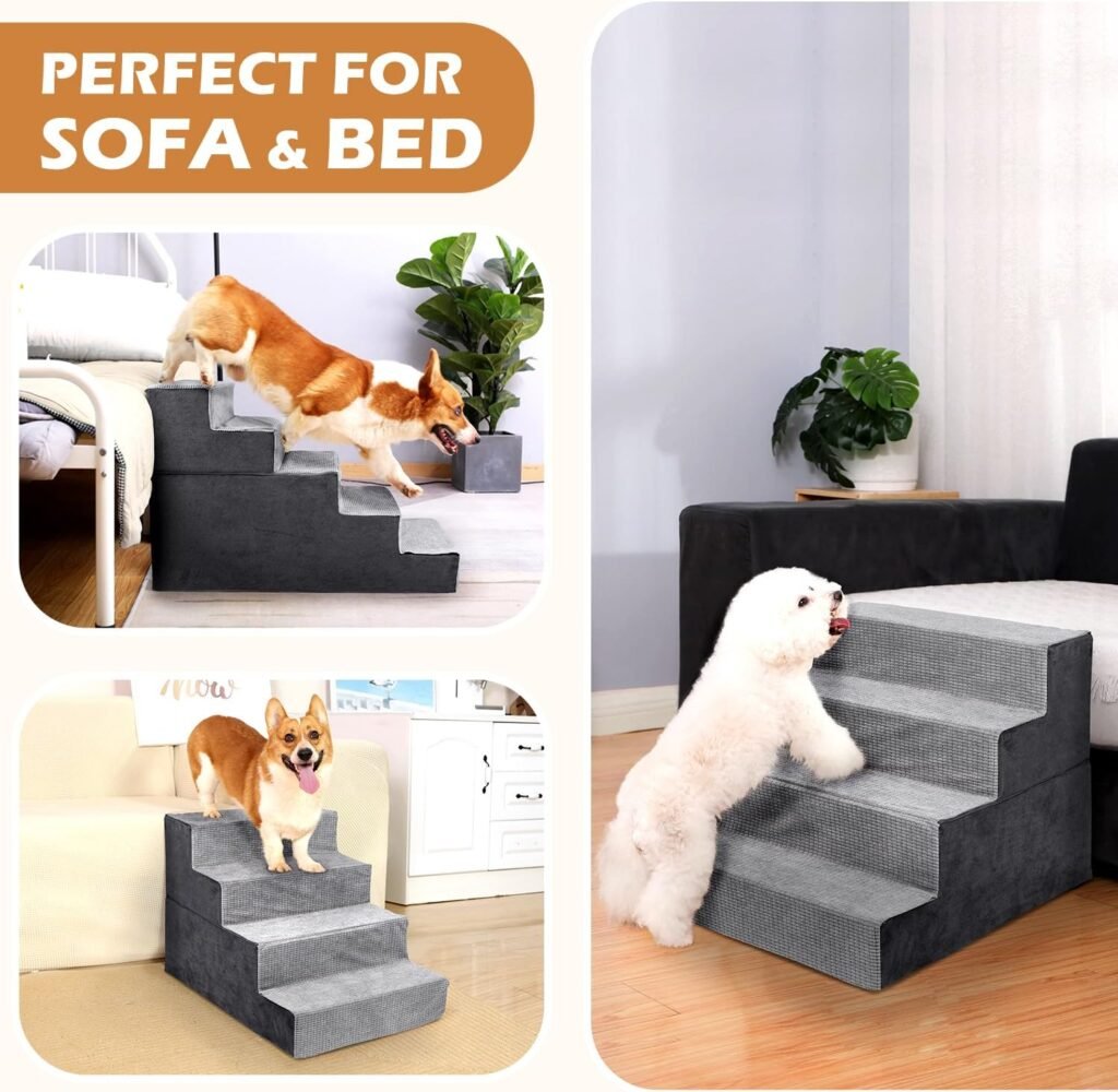 Heeyoo Dog Stairs for Small Dogs,5-Step Dog Steps for High Bed and Couch, High-Density Foam Pet Steps with Supporting Board, Non-Slip Removable Washable Cover, Grey
