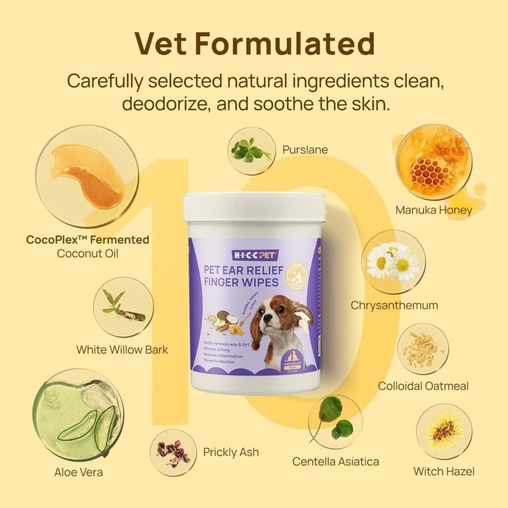 HICC PET Dog Ear Finger Wipes, Ear Cleaner Wipes for Dogs  Cats, Dog Ear Infection Treatment to Relief Itching  Inflammation, Remove Wax, Dirt  Stop Smelly, Non-Irritating, 50ct(Coconut Scent)
