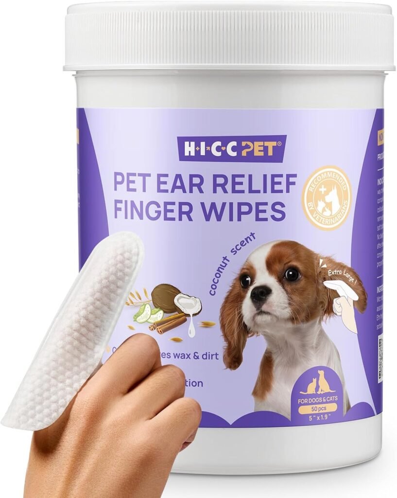 HICC PET Dog Ear Finger Wipes, Ear Cleaner Wipes for Dogs  Cats, Dog Ear Infection Treatment to Relief Itching  Inflammation, Remove Wax, Dirt  Stop Smelly, Non-Irritating, 50ct(Coconut Scent)