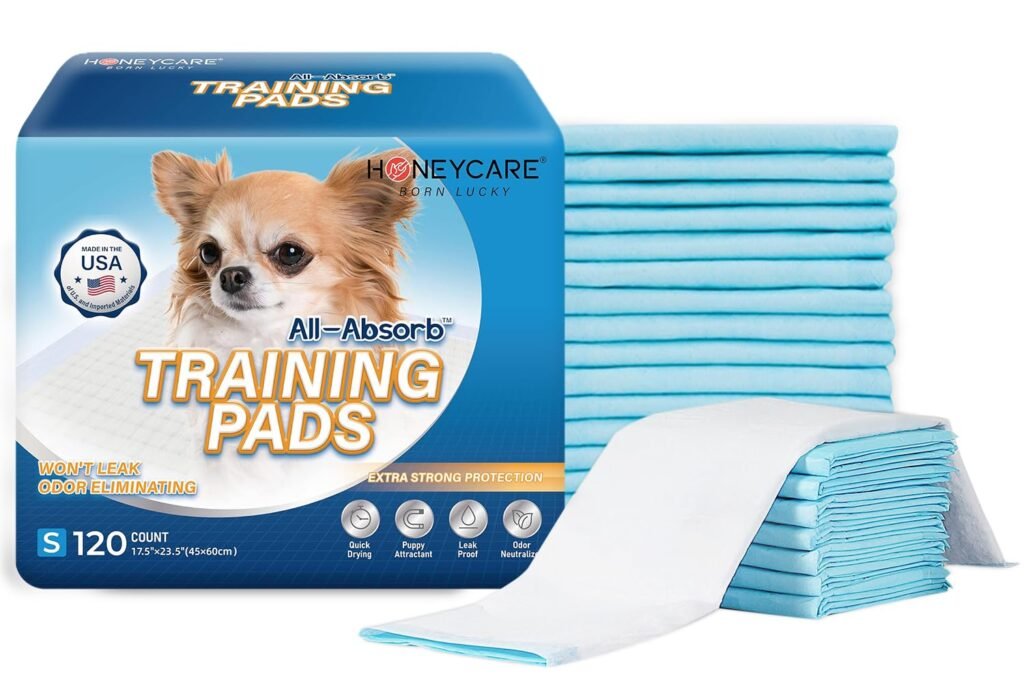 Honey Care All-Absorb, Small 17.5 x 23.5, 120 Count, Dog and Puppy Training Pads, Ultra Absorbent and Odor Eliminating, Leak-Proof 5-Layer Potty Training Pads with Quick-Dry Surface, Blue, A05