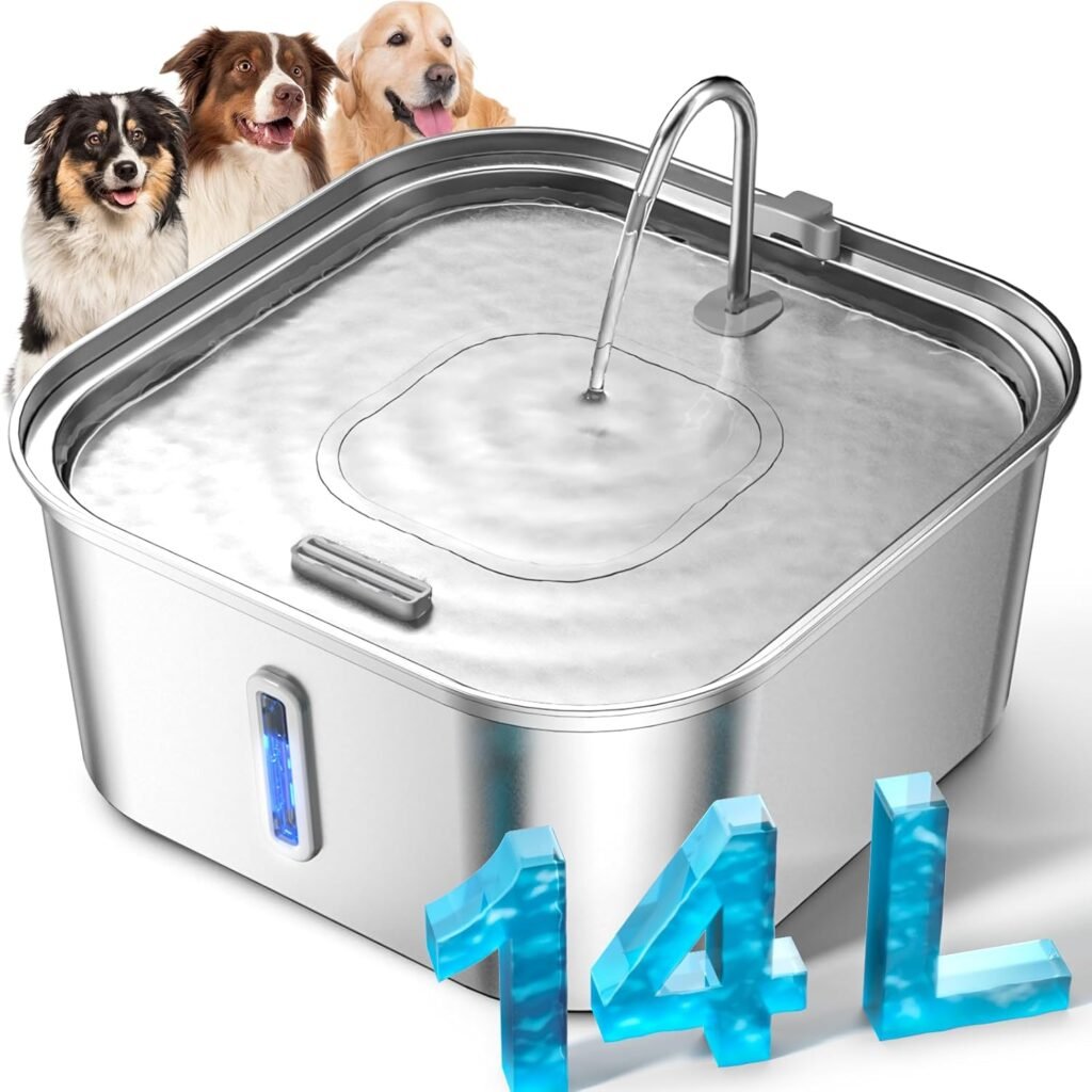 Large Dog Water Fountain 14L/3.7Gal, Stainless Steel Pet Fountain for Large Dogs and Multi-Pets Families, with Visible Window  Extra Wide Drinking Area, Square Design Enlarges Capacity  Saves Space