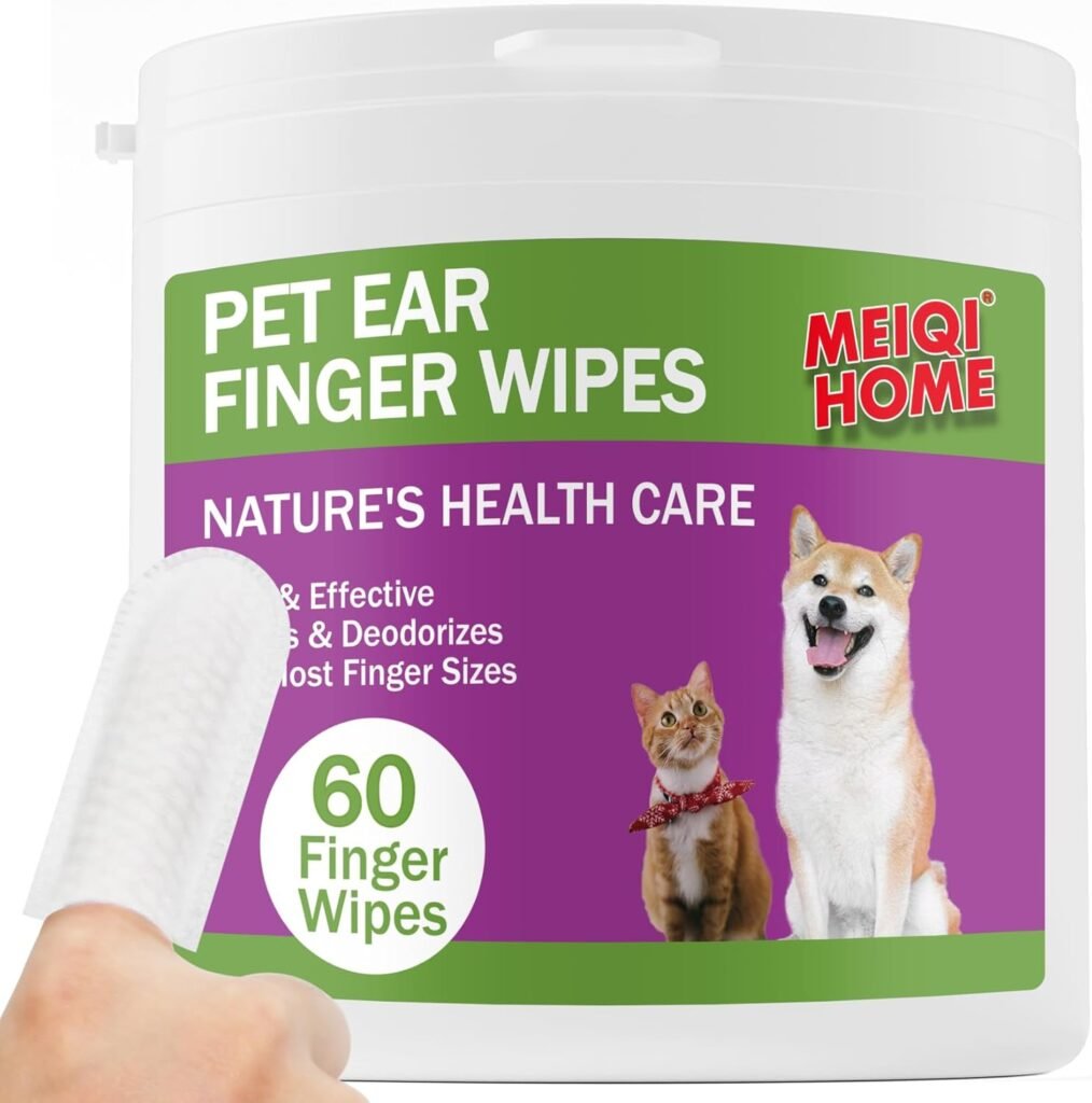 MEIQIHOME 60 Count Dog Ear Wipes Finger,Gently Remove Ear Wax,Debris,Sooths  Deodorizes,Disposable Gentle Cleaning,Cat Ear Cleaner,Dog Ear Cleaner,Pet Ear Cleaning Finger Wipes,Dog Ear Wipes