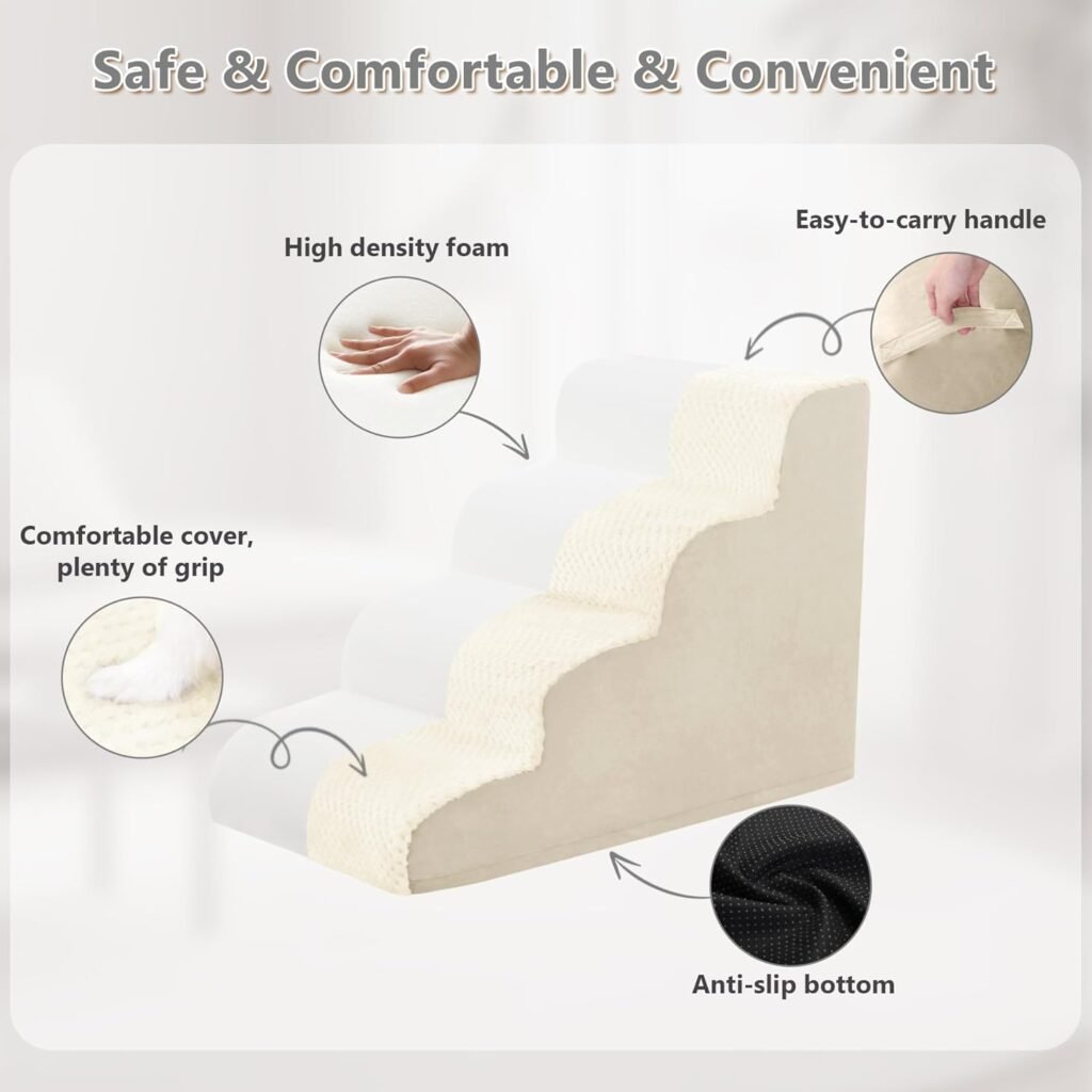 MIHIKK Dog Stairs Ramp, Curved 4-Step Dog Steps for Small Dogs and Cats, Pet Stairs for High Beds and Couch with Anti-Slip Washable Cover and Durable High Density Foam, Grey