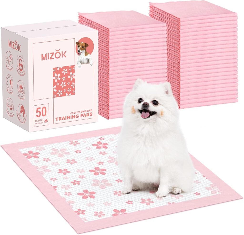MIZOK Puppy Pads 22x 22 with Leak-Proof Quick-Dry Design Pee Pads for Dogs Potty Training, 6-Layer Standard Absorbency Dog Pee Pads Regular Size, Pink Cherry Blossom Pattern (50 Counts)