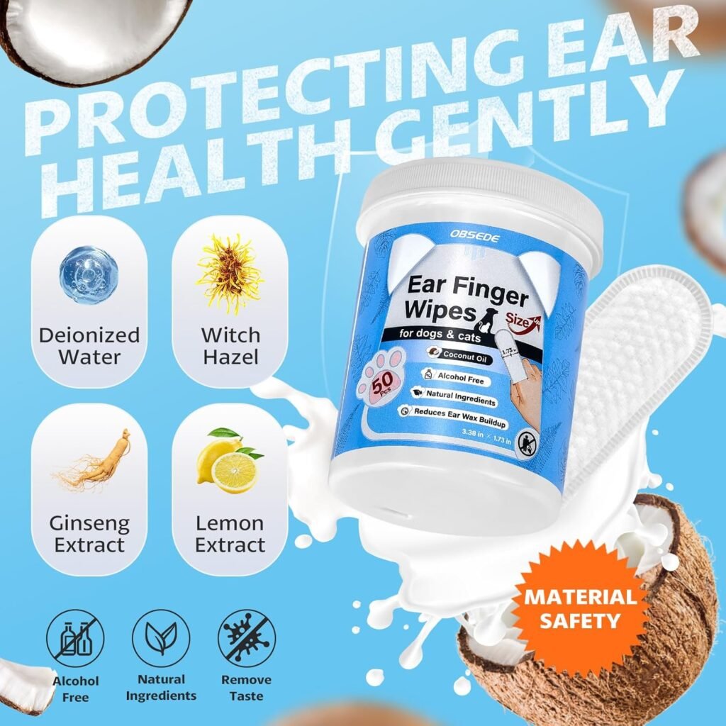 OBSEDE Dog  Cat Ear Wipes, 60 Count Finger Wipes for Gentle Cleaning  Itch Relief - Fresh Coconut Scent, Removes Wax  Odor – Daily Pet Grooming Supplies
