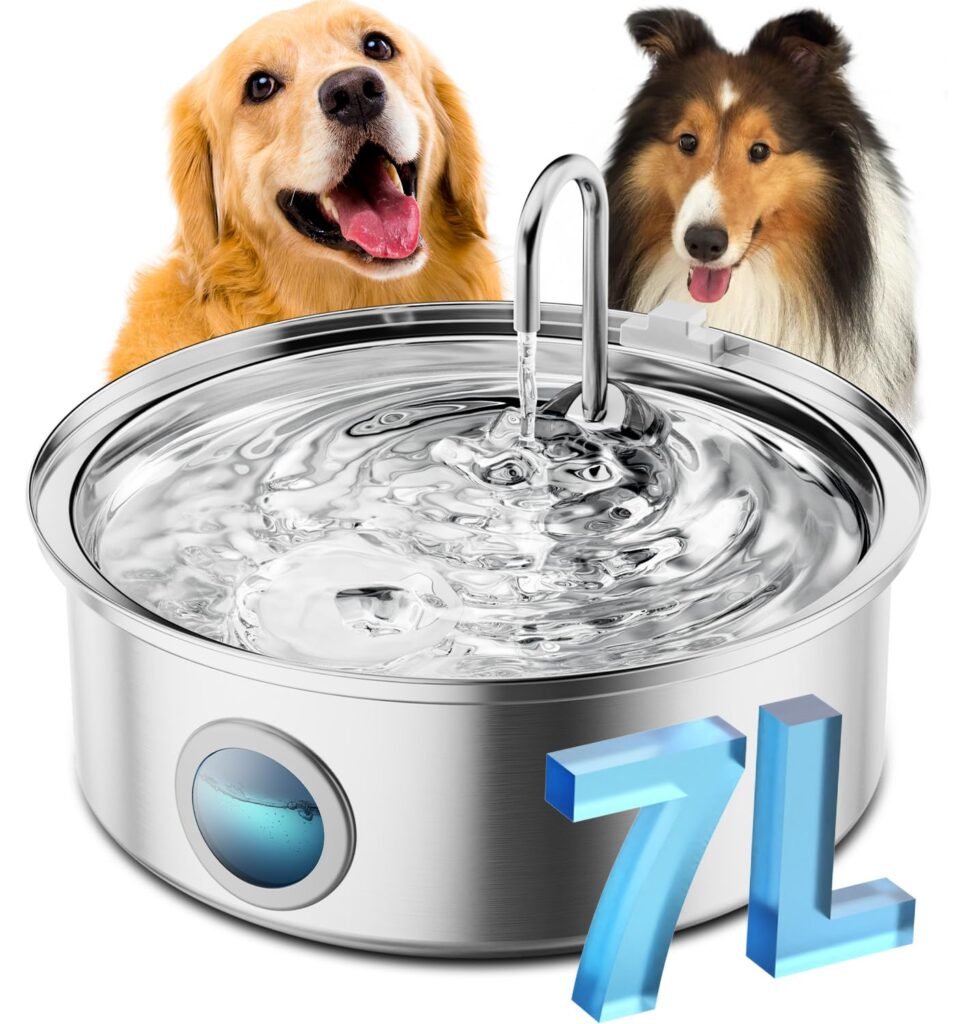 oneisall Dog Water Fountain, 7L/230oz/1.8G Quiet Dog Fountain Water Bowl, Stainless Steel Dog Water Fountain with Visual Water LevelTriple Filtration for Large Medium Small Breed Dogs Pets