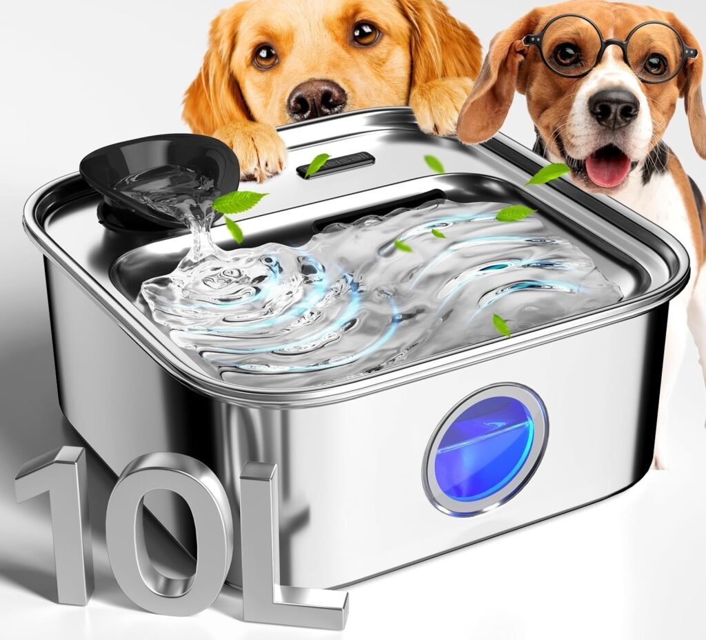 oneisall Dog Water Fountain for Large Dogs, 10L/2.6Gal Dog Fountain Water Bowl with Multi-Filtration  Deeper Drinking Aera, Large pet Water Fountain with Water Window  LED, Ultra-Quiet