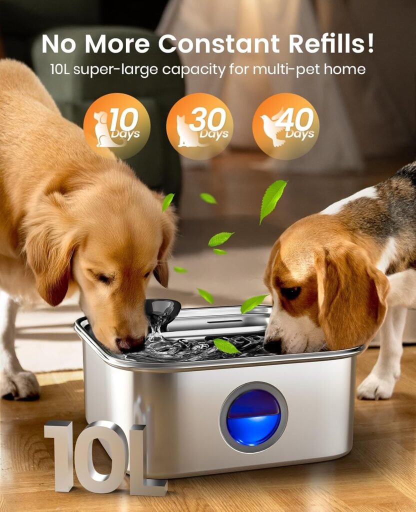 oneisall Dog Water Fountain for Large Dogs, 10L/2.6Gal Dog Fountain Water Bowl with Multi-Filtration  Deeper Drinking Aera, Large pet Water Fountain with Water Window  LED, Ultra-Quiet