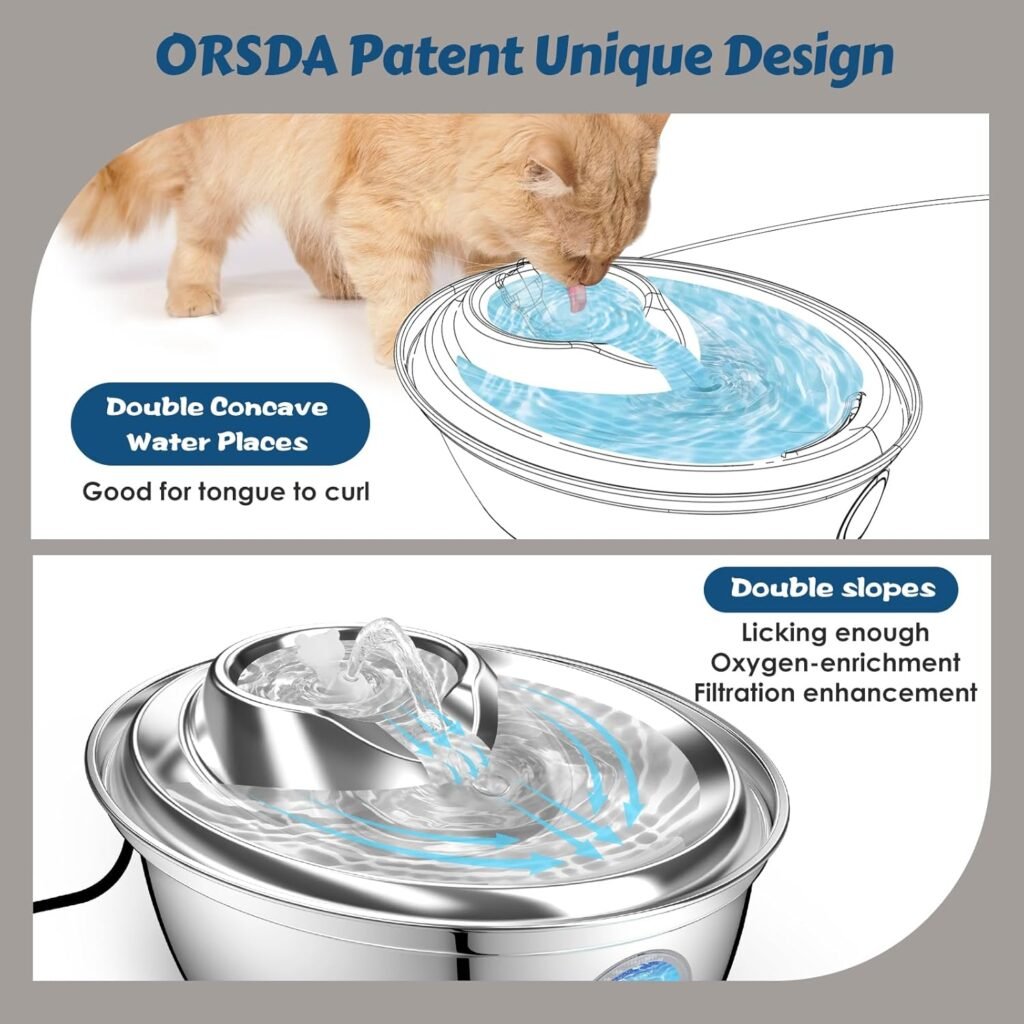 ORSDA Stainless Steel Cat Water Fountain, Automatic Pet Water Fountain, 100oz/3L Drinking Fountain Dog Water Dispenser with Water Level Window- 4Pcs Filters (D66)