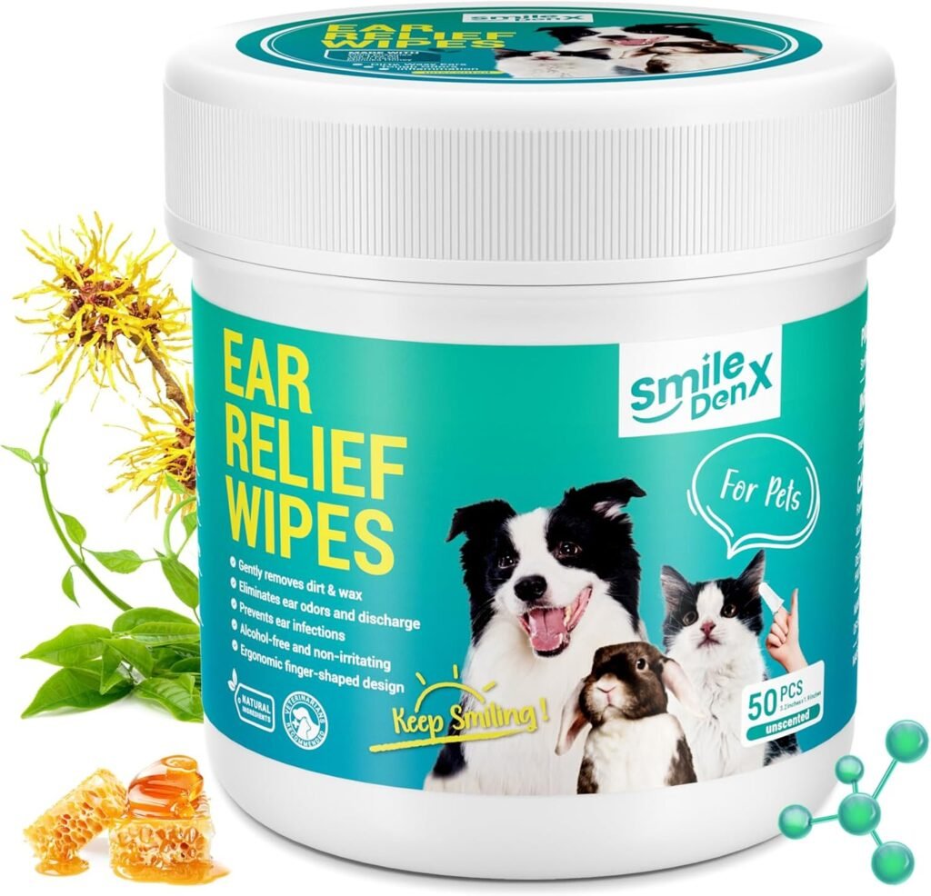 Pet Ear Wipes, Ear Cleaner Wipes for Dogs  Cats, Enzymes and Baking Soda - Fast Relief Ear Itching and Inflammation, Dog Ear Infection Treatment, Remove Dirt and Wax Build Up, 50 Count