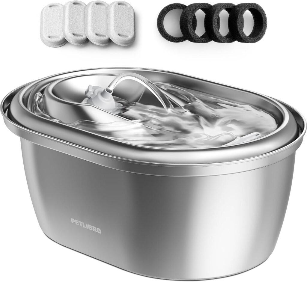 PETLIBRO Stainless Steel Cat Water Fountain, 101oz/3L Pet Water Fountain for Cats Inside, Food-Grade Dog Water Fountain, Automatic Water Dispenser with 4 Filters  4 Sponges