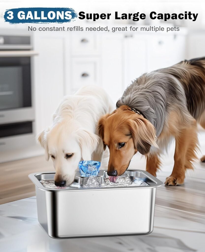 PETNF Dog Water Fountain for Large Dogs, 11L/3Gallon Stainless Steel Large Dog Fountain Water Bowl, Automatic Pet Water Bowl Dispenser with 2 Filters Indoor, Quiet and Safe Pump, Easy to Clean